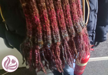 Load image into Gallery viewer, Chunky Rustic Colour Blend of Brown, Pink and Jade Mohair Blend Hand Knitted 2x2 Rib Scarf - Tasselled