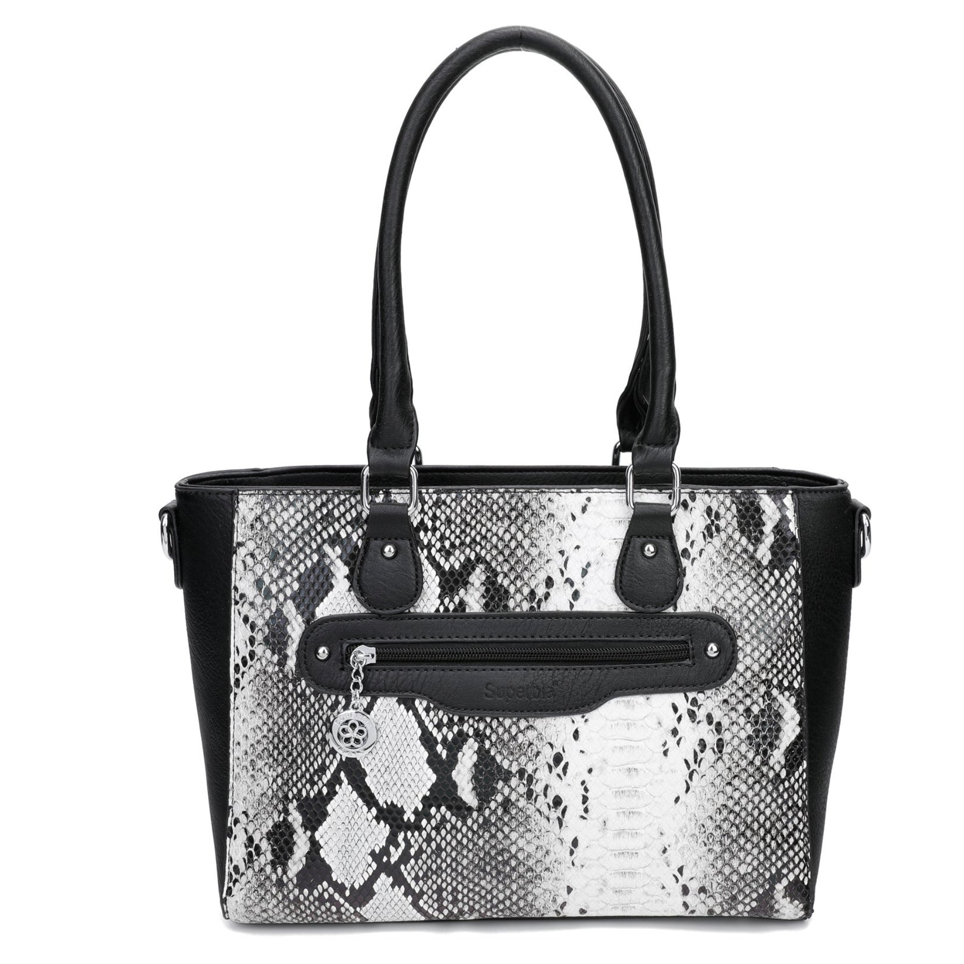 Snakeskin Print Faux Leather Tote Bag - Black