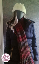 Load image into Gallery viewer, Chunky Rustic Colour Blend of Brown, Pink and Jade Mohair Blend Hand Knitted 2x2 Rib Scarf - Tasselled
