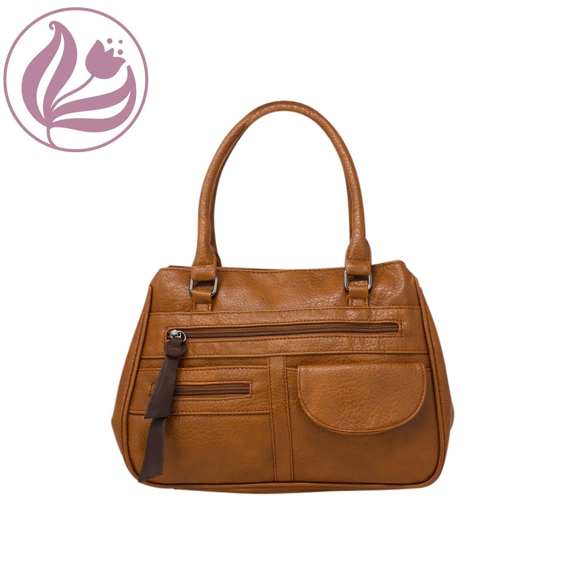 Top Handle Faux Leather Tan Pocketed Handbag